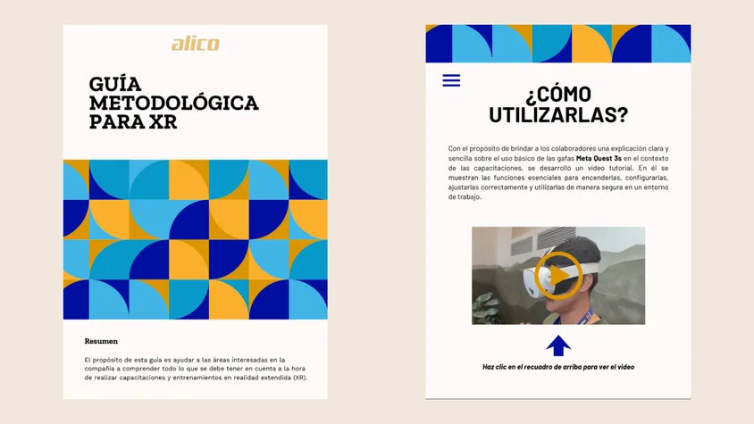 Página de la Guía Metodológica de Realidad Extendida titulada «¿CÓMO UTILIZARLAS?»: contiene instrucciones de uso seguro del visor Meta Quest 3s en planta, texto sobre la producción del video tutorial para encendido y configuración, y un contenedor de video con el fotograma de un colaborador usando el visor blanco.