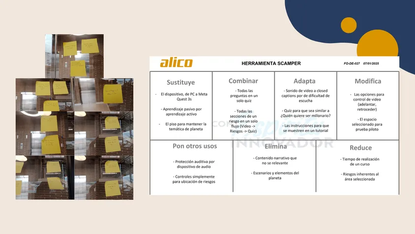 Diapositiva del proceso de ideación: a la izquierda, diez fotografías organizadas en grilla con notas adhesivas amarillas pegadas en paneles de vidrio durante el trabajo de campo; a la derecha, la tabla oficial «HERRAMIENTA SCAMPER» (código FO-DE-027) de Alico S.A.S BIC, detallando las siete transformaciones para llevar el curso de PC a realidad virtual.
