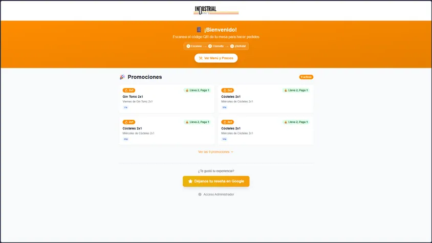 Pantalla de bienvenida del menú por código QR en móvil con botón para ver menú y accesos directos a promociones