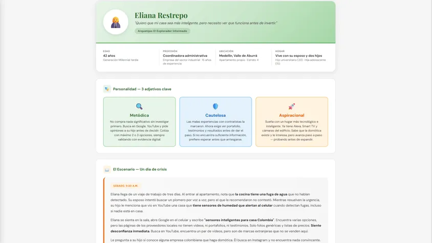 Ficha del arquetipo de investigación Eliana Restrepo El Explorador Informado mostrando su perfil demográfico, adjetivos de personalidad Metódica, Cautelosa, Aspiracional y escenario de uso