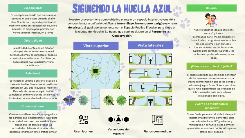 Afiche de diseño sobre textura crema de papel arrugado: esquemas de vista superior y cortes laterales del pabellón de 8.5 por 9.75 metros, ilustraciones de murciélago, zarigüeya, barranquero y rana de cristal, e íconos de la experiencia.