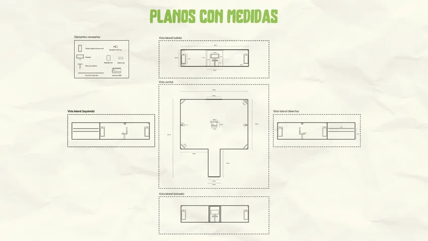 Planos técnicos con medidas y despiece de equipos del pabellón interactivo: incluye leyenda de elementos con kioskos multitouch, focos LED, parlantes, gafas VR y Arduino, vista cenital acotada de 8.5 por 9.75 metros y las cuatro elevaciones laterales.