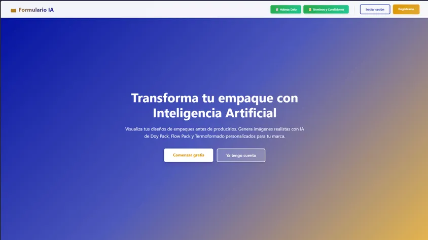 Captura de pantalla de la plataforma web evolucionada titulada «Formulario IA»: sobre un fondo con degradado azul a dorado, presenta el titular «Transforma tu empaque con Inteligencia Artificial», la descripción para generar imágenes realistas de Doy Pack, Flow Pack y Termoformado, y los botones de registro e inicio de sesión.