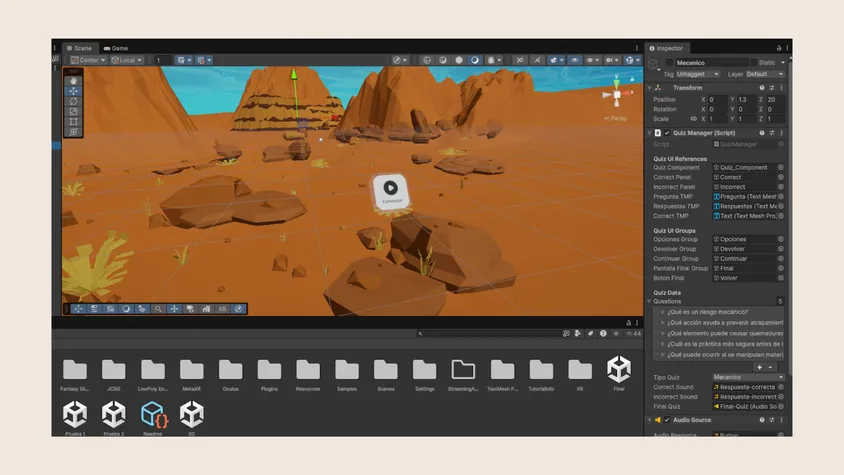 Captura de pantalla de la interfaz del editor de Unity: muestra la escena 3D del planeta desértico en el centro, la ventana del explorador de archivos del proyecto abajo y el panel inspector con el script Quiz Manager a la derecha.