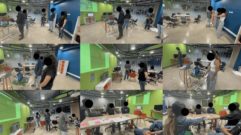 Matriz de nueve fotografías que documenta las pruebas del prototipo en el Medialab de EAFIT: participantes probando los gestos frente a la computadora y reunidos en mesa de trabajo con las caras protegidas por privacidad.