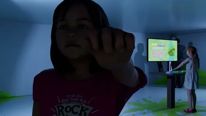 Fotograma del render 3D en Blender que muestra el interior del espacio interactivo en tonos verdes, con modelos 3D de un adulto y un niño interactuando frente al monitor vertical que exhibe al barranquero.