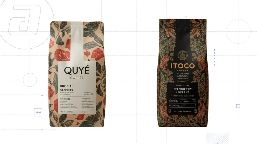 Lámina técnica que reúne los resultados generados para la feria de café: dos empaques de café de especialidad creados con IA («QUYÉ COFFEE» con motivos botánicos rojos e «ITOCO COFFEE» con patrón ornamental dorado sobre fondo oscuro) a partir de las respuestas del formulario.