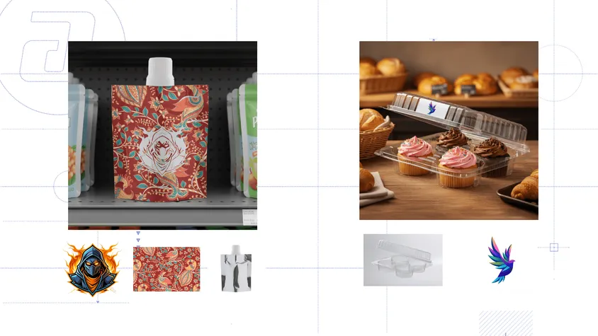 Lámina técnica que reúne los renders producidos por la nueva plataforma web: a la izquierda, un empaque Doypack con boquilla y patrón floral en estante junto al logotipo del personaje; a la derecha, un envase termoformado transparente para repostería con cuatro cupcakes y la marca del ave multicolor.