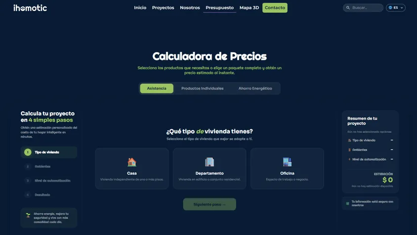 Captura de pantalla de la Calculadora de Precios en el sitio web de i-Homotic, mostrando la selección del tipo de vivienda y el panel de resumen de estimación del proyecto