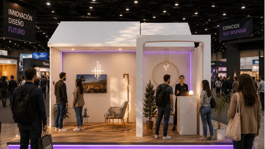 Render realista del stand de i-Homotic en la Feria del Diseño, mostrando la estructura arquitectónica tipo casa con iluminación LED violeta, visitantes interactuando en el espacio residencial y punto de atención
